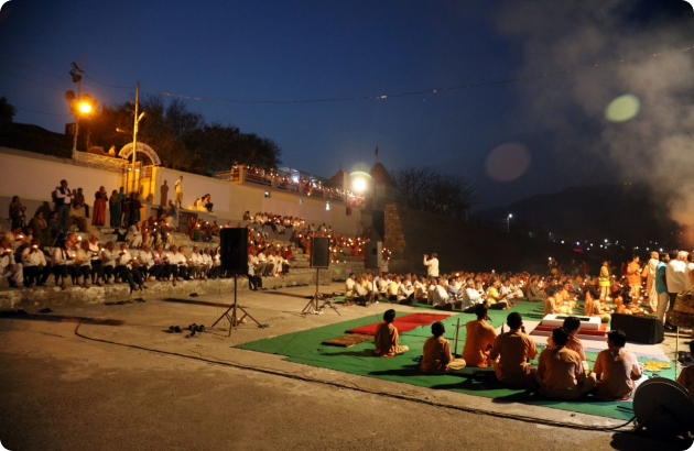 A spiritual ceremony taking place at the ashram